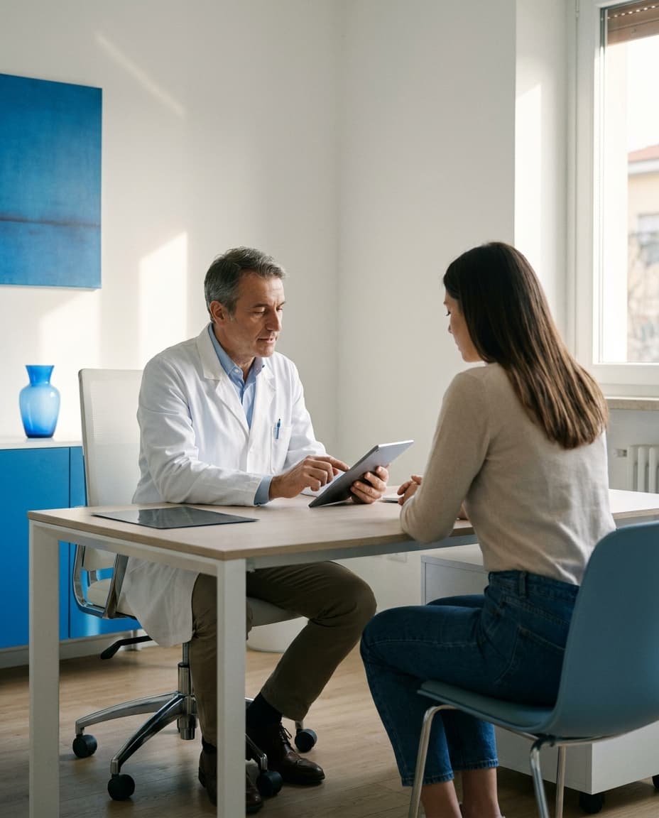 Medico che consulta la cartella di un paziente su tablet durante una visita in studio.